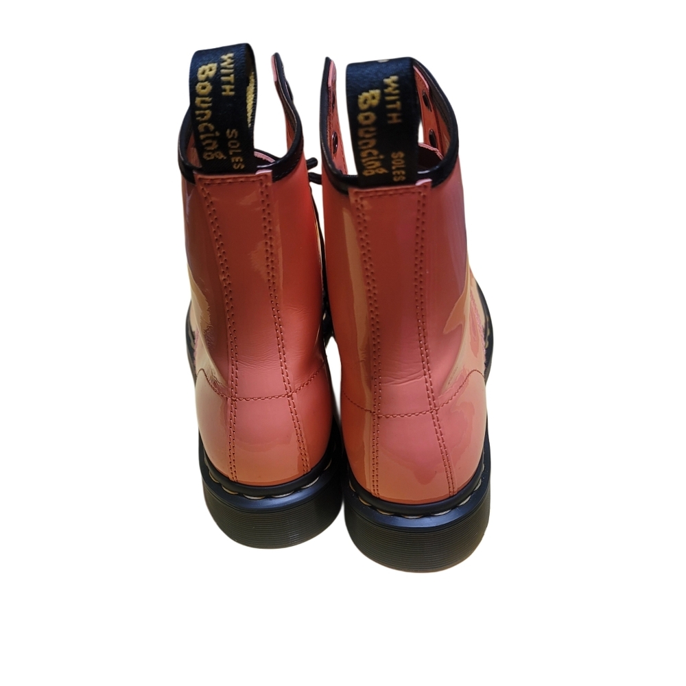 DR. MARTENS 1460 Women's Patent Leather Lace Up Boots in the color Coral - Picture 5 of 7